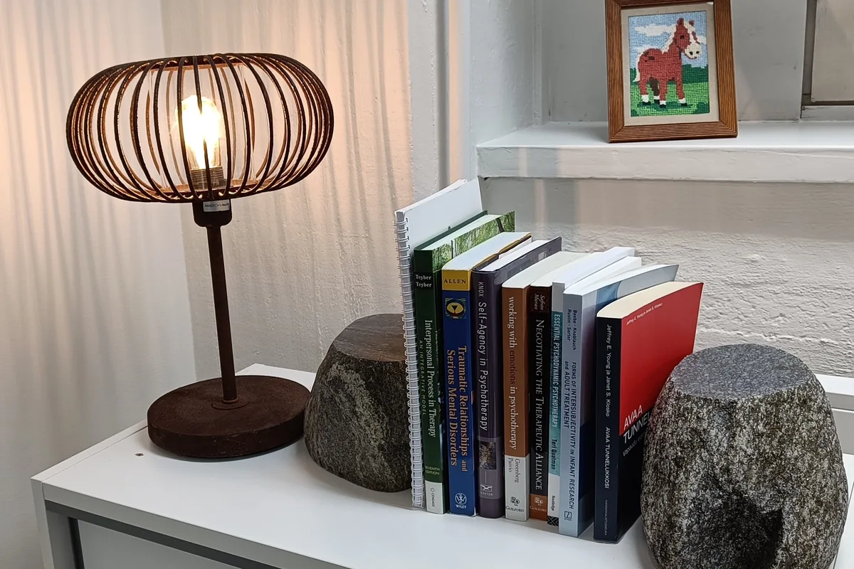 Sytytetty häkkivarjostiminen pöytälamppu ja rivi psykoterapia-alan kirjoja kahden kivisen kirjatuen välissä.